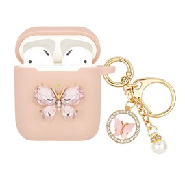 Wonhibo for Airpods Case for Women Girls, Cute Butterfly Cover for Airpod 1 & 2 with Keychain (Pink)