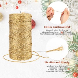 KINGLAKE Gold String Twine,1.5mm Sparkly Gold Cord Thread Decorative Metallic String for Gift Wrapping,100m Glitter Twine Christmas Bauble String Jewelry Cord for Crafts,Christmas Decoration & Wedding