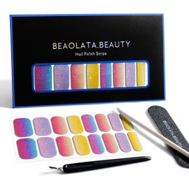Beaolata Nail Polish Strips, 32PCS Salon Quality Wraps, Long Lasting Gel Nail Stickers for Women Easy Apply& Remove (sea Sunset Yellow&Purple)