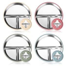 BOXOB 4pcs Stainless Steel Kids Plates with Silicone Suction, Divided Suction Non Toxic Plates for Baby BPA Free Toddler Metal Dishes Feeding Supplies for Toddlers Kids Babies (4 Colors)
