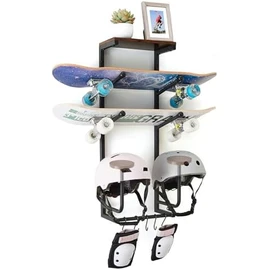 Skateboard Wall Mount Rack — Horizontal Multi-Board Display Shelf & Hanger, Longboard Deck Cruiser Holder, Wooden Helmet Stands & Accessories Hooks, Home Garage Wall Storage Organizer (Black)