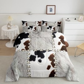 jejeloiu Kids Cow Fur Printed Comforter Set Cowhide Pattern Bedding Set Farmhouse Comforter Western Farm Animal Skin Plaid White Duvet Set Bedroom 3Pcs with 2 Pillow Case Full Size