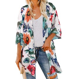 Women's Summre Kimono Cardigan Floral Print Sheer Chiffon Loose Casual Beach Cover Up Tops (Da White,S)