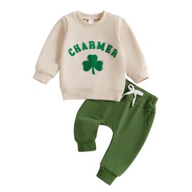 Amnnchya Toddler Baby Boy St Patricks Day Outfit Charmer Shamrock Sweatshirt Pants Fall Winter Spring Clothes Set (Khaki, 6-12 Months)