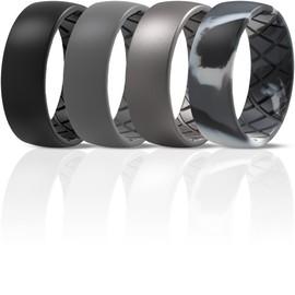 ThunderFit Men Silicone Wedding Rings, Breathable Pattern Engagement Bands 8mm Wide 2mm Thick - 1/4/7 Variety Multipack (Black, Grey B, Gun Metal C, Grey Camo C5 - Size 10.5-11 (20.6mm))