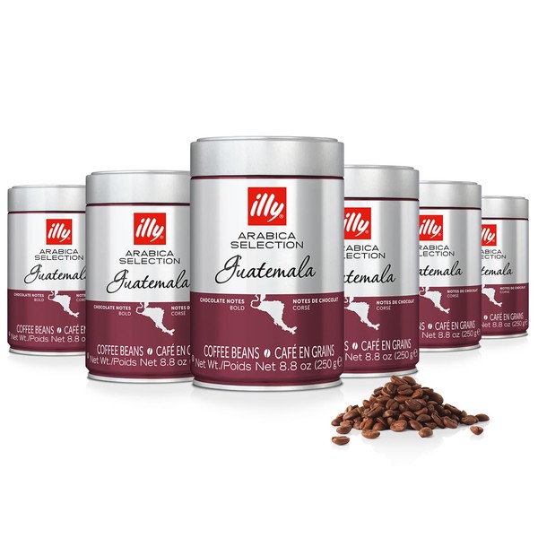 illy Arabica Selections Guatemala Whole Bean Coffee, 100% Arabica Bean Single Origin Coffee, Complex & Bold Taste, Notes Of Chocolate, No Preservatives, 8.8 Ounce Can (Pack of 6)