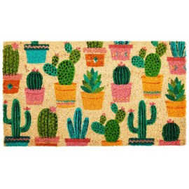 Juvale Natural Coco Coir Door Mat with Cactus Design for Outside, Entryway, 17 x 30 Inch Welcome Rug for Front Door, Porch