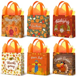 Wesnoy 30 Pack Reusable Thanksgiving Gift Bags Non Woven Tote Bulk with Handles Goodie Shopping Bags with Tissue Paper for Party Favors
