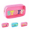 TRIP TIGER Women Nylon Transparent PVC Makeup Bag with Sewing On STUFF Chenille Letters - Waterproof Visible Cosmetic Organizer for Beach, Swim & Travel, Trendy Toiletry Pouch for Girls (PINK-STUFF)