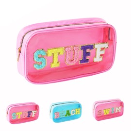 TRIP TIGER Women Nylon Transparent PVC Makeup Bag with Sewing On STUFF Chenille Letters - Waterproof Visible Cosmetic Organizer for Beach, Swim & Travel, Trendy Toiletry Pouch for Girls (PINK-STUFF)