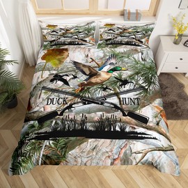 Hunt Ducks Duvet Cover Set Queen Size,Camo Jungle Tree Branches Bedding Set,Wild Animals Plants Theme Comforter Cover for Kids Boys Adult Men Room Decor Adventure Hunting Quilt Cover,2 Pillowcases