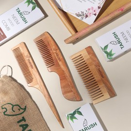 Tarush Neem Wood Hair Comb Set, 3 Styles with Storage Pouch, For All Hair Types