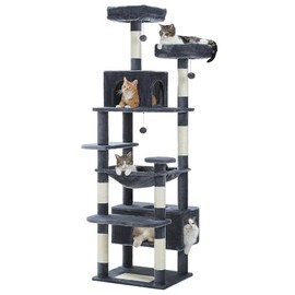 PAWZ Road 72 Inches Large Cat Tree, Tall Cat Tower with Large Mental Hammock for Indoor Cats Large Adults,7 Sisal-Covered Scratching Posts, 2 Padded Perches, Condos, and Basket -Dark Gray