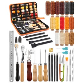 BUTUZE Leather Working Tools, Practical Leather Craft Kit with Waxed Thread Groover Awl Stitching Punch Hole for Leathercraft Beginner or Adults Gifts - Comes with Tool Manual