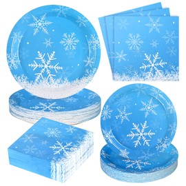 Homlouue 200 Pcs Christmas Paper Plates and Napkins, Christmas Snowflake Blue Plates and Napkins Disposable, Christmas Dinner Plates and Napkins Serve 50 Guest, Christmas Party Table Decorations