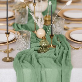FANPROMS Cheesecloth Table Runner 10FT Sage Green Boho Gauze Fabric Rustic Sheer Cheese Cloth Runners for Wedding Bridal Shower Tables Cheese Cloth Table Runners Bulk for Party Ceremony Decorations