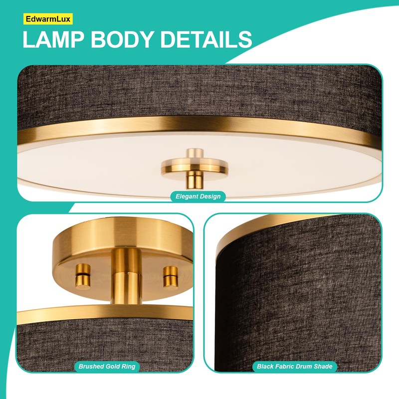 Edwarmlux 3-Light Semi Flush Mount Ceiling Light Fixture, 12.6" Gold