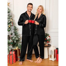 SWOMOG Mens Matching Pyjamas Set Silk Satin Button Down Sleepwear Long Sleeve Nightwear 2 Pcs Pj Set Men Black X-Large