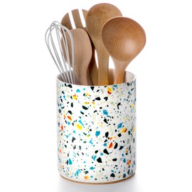 Nucookery Utensil Holder, 6.4" Ceramic Kitchen Utensil Holder for Countertop with Protection Cork Bottom, Vintage Farmhouse Kitchen Decor for Counter (Marble Pattern)