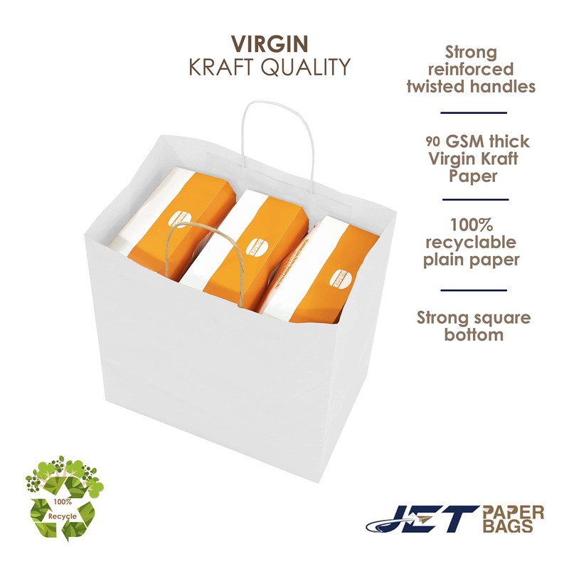 JET PAPER BAGS - 11”x7”x12” [50 Pcs] White Paper Bags