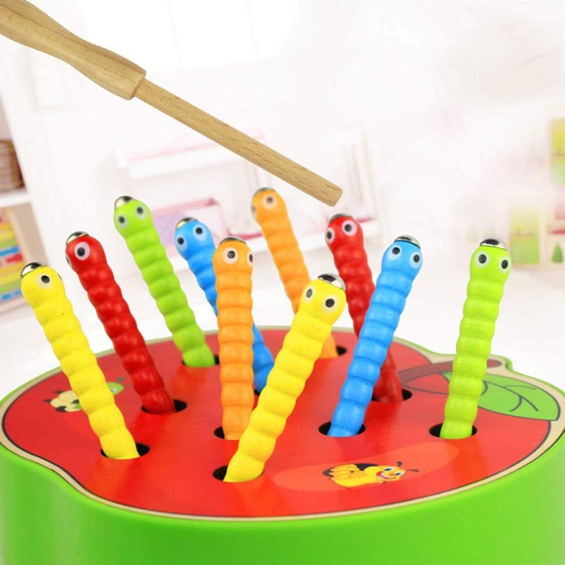 Wooden Magnetic Catch Worm Game Early Educational Toys for Kids