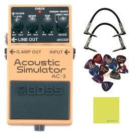Boss AC-3 Acoustic Simulator Pedal Bundle w/ 2-Pack Strukture S6P48 Woven Right Angle Patch Cable, 12-Pack Guitar Pick and Liquid Audio Polishing Cloth