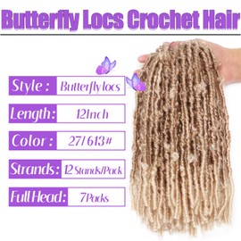 Butterfly Locs Crochet Hair-7 Packs Faux Locs Crochet Hair 12 Inch Distressed Soft Locs Crochet Hair For Black Women (12 Inch(Pack of 7), 27#/613#)