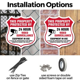 Video Surveillance This Property Protected By 24 Hour Video Surveillance Equipment In Use To Aid In The Prosecutution 6 inch X 6 inch Shield Shaped Commercial Grade Plastic Sign
