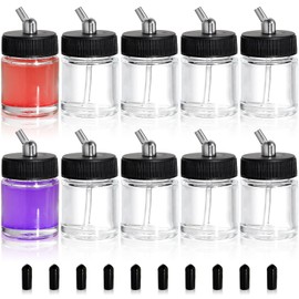 Goaste 10 Pack Glass Airbrush Bottles Kit, 22cc Empty Airbrush Jars, Transparent Airbrush Paint Storage Pot with 10pcs Cap Covers, 30° Down Angle Adaptor Lids, Fits Dual-Action Siphon Feed Airbrushes
