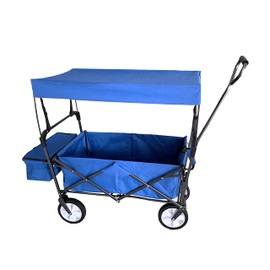GLCHQ Metal Frame 150 Lbs Capacity Folding Wagon, Heavy Duty Utility Wagon with 2 Mesh Cup Holders , Universal Wheels and Adjustable Handle for Garden Outdoor Shopping Beach, Blue (Blue)