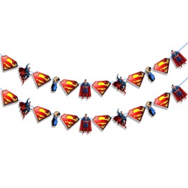 Suprman Garland Decoration for Birthday Party – Hero Theme Hanging Banner with Classic Red Blue Yellow Colors – Pre-Strung Super Hero Party Supplies for, Baby Showers, School Events, and Comic Fans