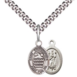 Men's Pewter Saint Christopher Swimming Medal Pendant on 24 Inch Endless Rhodium Plated Heavy Curb Brass Chain, Catholic Religious Necklace -Made in USA- Deluxe Velvet Gift Box
