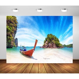 CORFOTO 6x4ft Fabric Thailand Paradise Beach Backdrop Traditional Longtail Boats Parked Seaside Landscape Photography Background Blue Sky Summer Travel Portrait Photo Booth