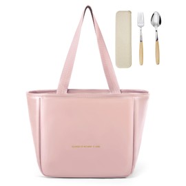 Bolsa del Almuerzo,Lonchera termica para mujeres y hombres,con 2 cubiertos (cucharas y tenedores),Adecuado para Trabajo, Campamento, Picnic, Salida (Rosa)