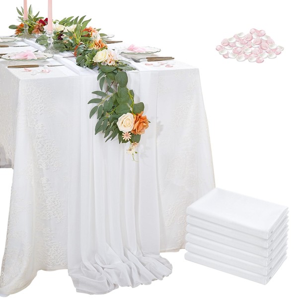 White Chiffon Table Runner with Rose Petals for Party Decor