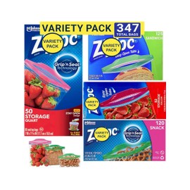 Ziplock-Bags, (347 Bags Totsl) Variety Pack, 52 Storage Gallon Bags - 50 Storage Quart Bags - 120 Snack Bags - 125 Sandwich Bags, Clear