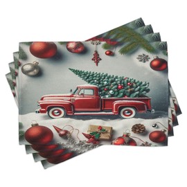 Ambesonne Christmas Place Mats Set of 4, Vintage Red Truck with a Pine Tree and Holiday Season Ornaments Snowy Winter, Washable Fabric Placemats for Dining Table, Standard Size, Grey Teal Ruby