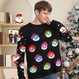 FWV Ugly Christmas Sweater for Men 2024, Light Up, Funny Unisex Womens Holiday Sweater, Black Santa, Unisex Couple Santa, Ugliest Xmas