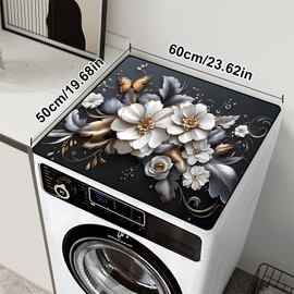 Washing Machine Cover for Top 23.6”x 19.7" Pad for Top of Washer or Dryer Protector Washing Machine Dust Cover Pad Non Slip Waterproof Washable (White Flower, 23.6”x 19.7")