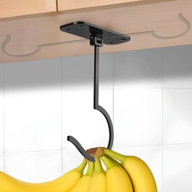 CAPHONT Banana Hook Under Cabinet, Foldable Metal Banana Hanger to Keep Bananas Fresh, Banana Holder Under Cabinet for Bananas or Other Kitchen Items (Black)