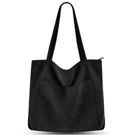 Bolso De Mano Para Mujer, Bolso De Pana Para Mujer Y Niña, Bolso De Hombro Grande Para Mujer Con Cremallera Y Bolsillos, Adecuado Para Viajes, Escuela, Compras (Negro)