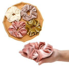 Helamvly Large Premium Velvet Scrunchie for Women Silky Fabric Hair Ties Soft Ponytail Holder (Leaves yellow Pink Milk white Light champagne) 4PCS
