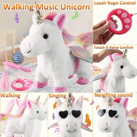Marsjoy White Running Unicorn Toy Set Singing Dancing Electronic Plush Unicorn with Leash Touch Control Realistic Steps Nodding Tail Waving Pretend to Be Vigorous
