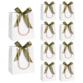 10 Pack Small White Gift Bags with Green Ribbons 15× 13× 8 cm White Party Bags with Handles