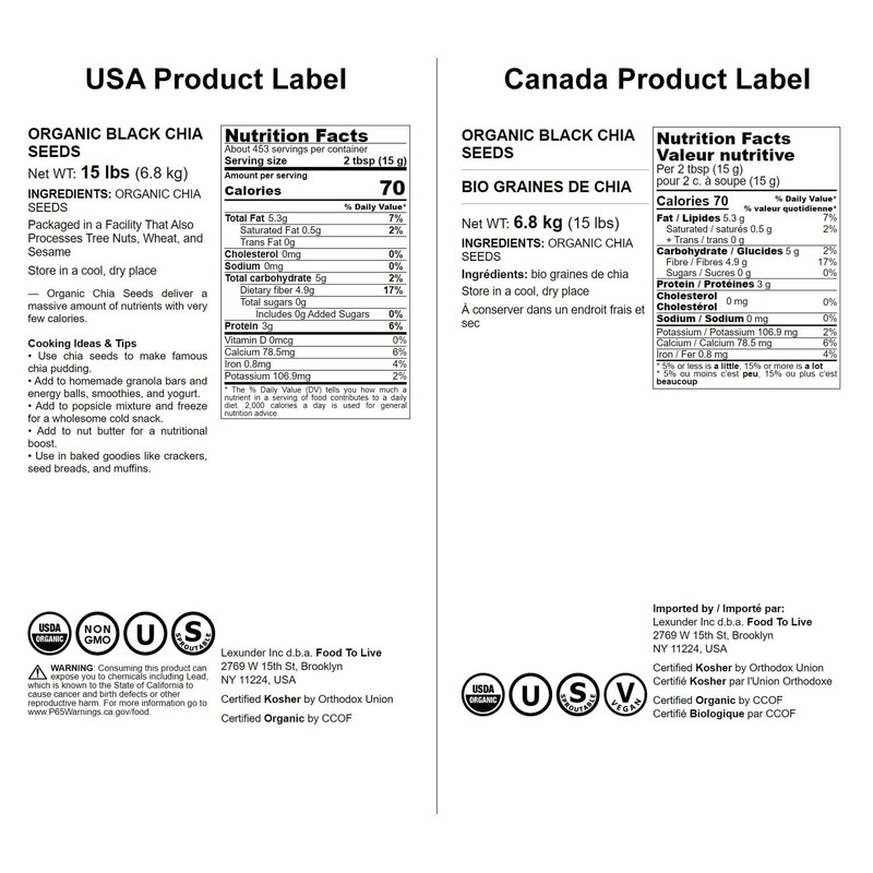 Food to Live - Organic Black Chia Seeds, 15 Pounds