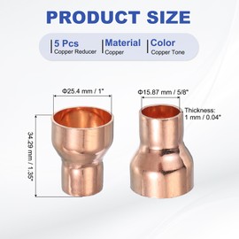 PATIKIL Copper Reducer 1" to 5/8" ID, 5 Pcs Reducing Copper Coupling Pressure Fitting Pipe Tube Connector Adapter with Sweat Solder Connection for HVAC Refrigeration, Copper