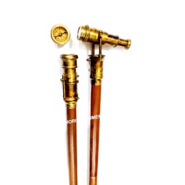 Nautical Brown Wooden Walking Stick Spy Antique Telescope Compass Handle Canes Rustic Vintage Home Decor Gifts