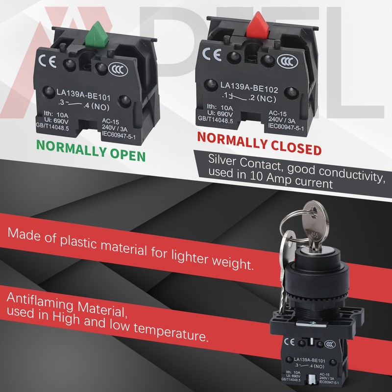 APIELE 22MM 3 Position Momentary Rotary Key Switch 1NO+1NO LA139A-EG53