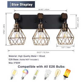 Farmhouse Bathroom Vanity Light Fixtures, 3-Light Wood Bathroom Light Fixtures Over Mirror, Rustic Sconces Wall Lighting with Elegant Metal Lampshade for Living Room, Bedroom, Hallway