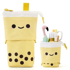 Cute Stuff for Teen Girls Cute BagsStanding Pencil Case Cute Telescopic Pen Holder Kawaii Stationery Pouch Makeup Cosmetics Bag for School Students Office Women (Yellow)